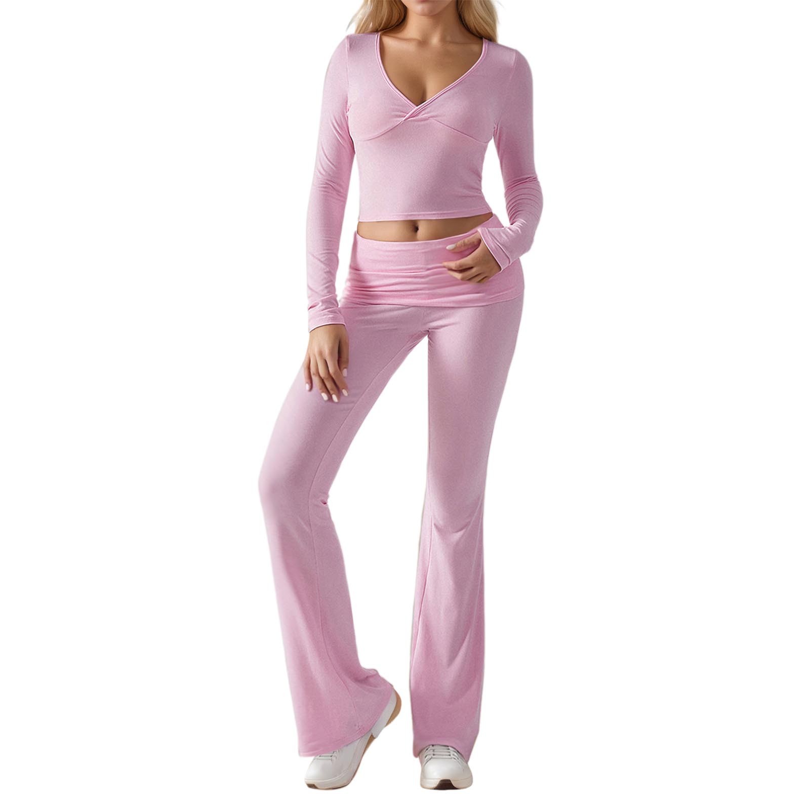 thumbnail image 1 of Conjunto de entrenamiento de 2 piezas para mujer: top corto de manga larga y pantalones de yoga con vuelta, conjunto de fitness a juego, 1 of 5